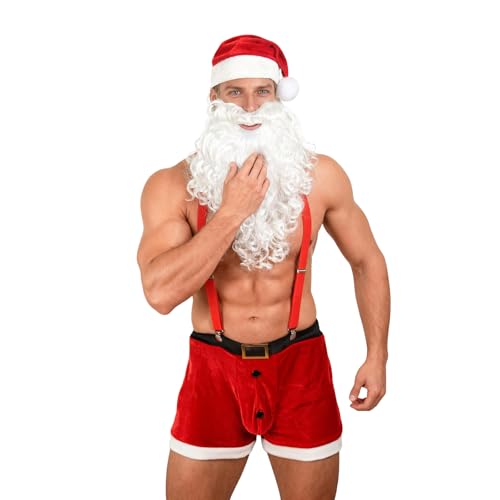 VZQI Mens Sexy Santa Costume Festive Red Velvet Shorts Set Suspenders Christmas Hat and Beard M