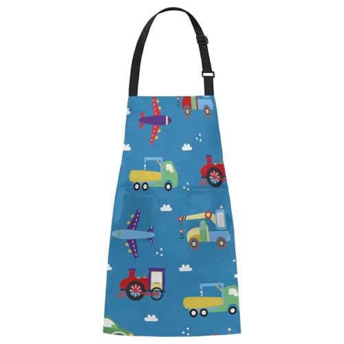 Aglebo Cartoon Car Aircrafts Chef Apron with Pockets Adjustable Shoulder Strap Waterproof Cooking Apron for Kitchen Baking Gardening Pottery Painting