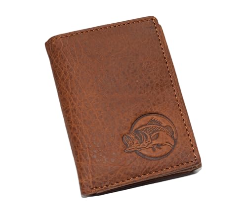 MARSHAL Genuine Leather RFID Blocking Bass Fish Wallet for Men – Bifold & Trifold Fishing Wallets with Debossing Design (Trifold Brown)