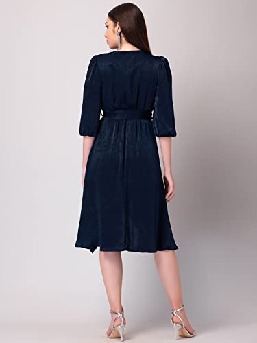 Image of FabAlley Women's Navy Satin Wrap Midi Dress with Self Fabric Belt