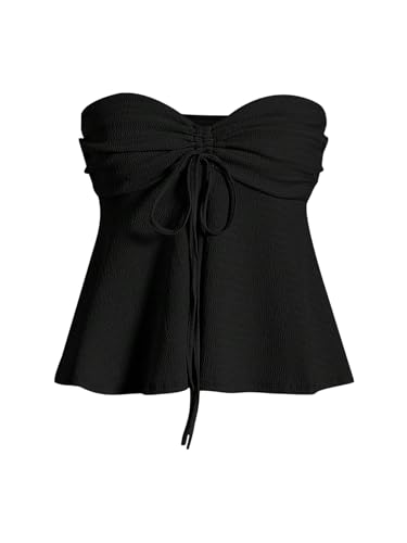Milumia Women Tie Front Ruched Tube Top Strapless Flared Hem Peplum Bandeau Tops - Main Image