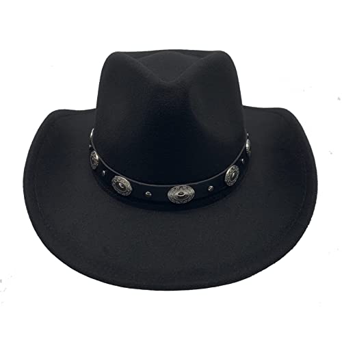 Image of Classic Western Cowboy Hat Cowgirl Hat Unisex Men's & Women's Wide Brim Felt Fedora Hat Flat Top Hat with Buckle Belt
