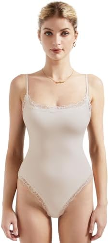 SUUKSESS Women Lace Trim Bodysuits Sleeveless Spaghetti Strap Tank Top