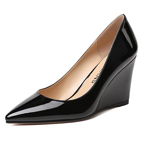 WAYDERNS Women's Solid Pointed Toe Office Patent Slip On Dress Wedge High Heel Pumps Shoes 3.3 Inch