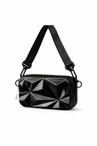 Bolsa Feminina Transversal Rígida Impermeável com Alça Ajustável e Removível, Mini Bolsa Fashion com Zíper, Compartimentos Internos, Compacta para Celular e Carteira (Preto)