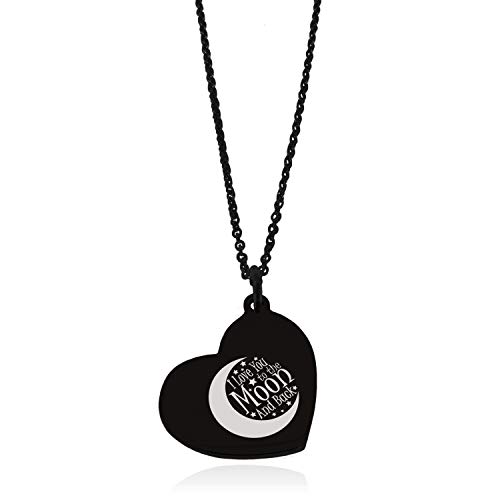 Tioneer Black Stainless Steel Crescent I Love You to the Moon and Back Floating Heart Tag Charm Pendant Necklace