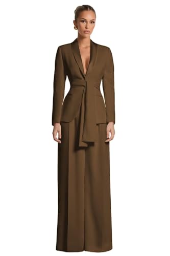 Fashion Womens Suit with Belt 2 Piece Business Plus Size Pant Suits for Women Dressy Brown Womens Pant Suit Elegant Wedding Tuxedo Size 3X-Large