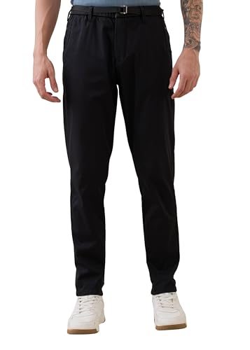 Image of Nostrum Men's Smart-Casual Tapered Trousers for Men, Charcoal, Cotton Corduroy, Mid Rise, Regular Slim Fit with Adjustable Belt, Side and Back Pockets, Casual Wea