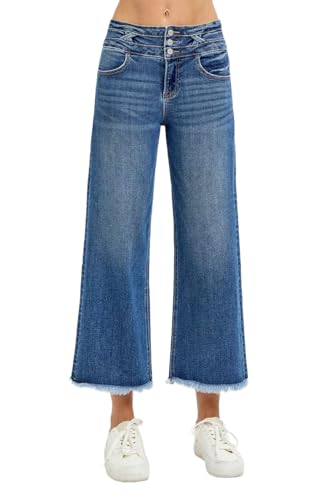 Dreamkue-Risen Women's High Rise Crop Wide Leg Jeans with Wide Waistband Detail Stretch Denim