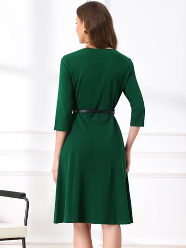 Image of Allegra K Work Dress for Women's Square Neck 3 /4 Sleeve Belted Wedding Guest Church Pleated Midi Dresses