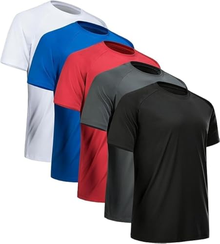 miijoory Set di 3/5/7 T-shirt da uomo, a maniche corte, palestra, corsa, fitness, asciugatura rapida, traspirante, top, Set di 5: nero, grigio scuro, bianco, blu, rosso, M