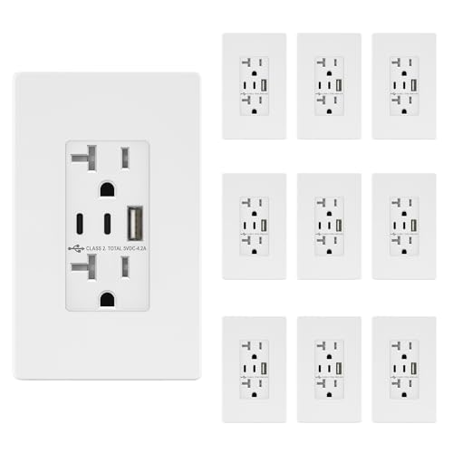 Image of TOPGREENER 4.2A 3-Port Type C USB Outlet, 20 Amp Receptacle Plug, Charging Power Outlet with Dual Type C&A Ports, Screwless Wall Plate Included, UL Listed, Commercial Grade, White, 10 Pack