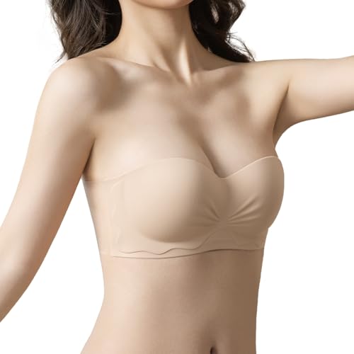 FOX-TECH Strapless Bras, Klebe BHS, Rückenfreier BH Damen, Rutschfestes Trägerloser BH Push Up(Beige,D)