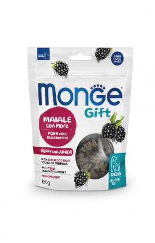 MONGE Cane Snack Gift Puppy And Junior Dog Maiale con More Super “M” | snack per cani cuccioli di tutte le taglie, altamente appetibile, senza cereali, Made in Italy, 3 confezioni da 150 grammi.