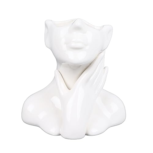 Jarrón de Cara Femenina, Estilo nórdico, Elegante, Suave, florero de cerámica para Sala de Estar, jardín, hogar, Oficina, decoración, Hecho a Mano, Acabado Blanco Brillante, 12 cm