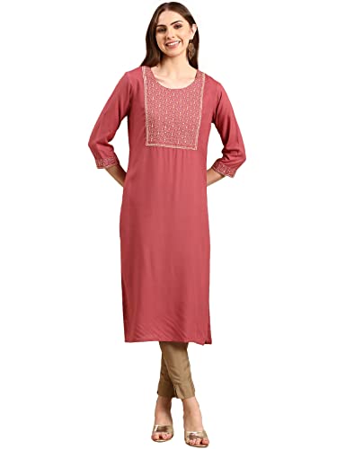 Image of SHOWOFFFF Women Solid Straight Ethnic Kurta | Round Neck 3 /4th Sleeves Cotton Kurta for Womens | Regular Fit Calf Length Kurta for Women's