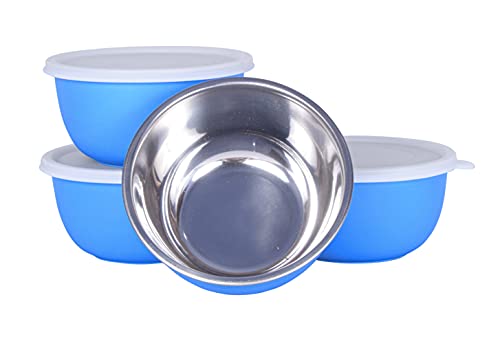 Image of Zaib Microwave Safe Stainless Steel Food Storage Bowl with Lid | Snack Serving Cooked Food Storage Container for Kitchen Capacity- 500 ML Each (Blue 500 ML White Lid)