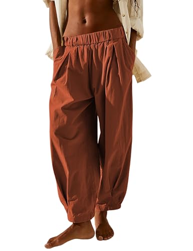 SCUSTY Womens Baggy Wide Leg Pants Cotton Linen Casual Elastic Waisted Palazzo Harem Beach Trousers with Pockets