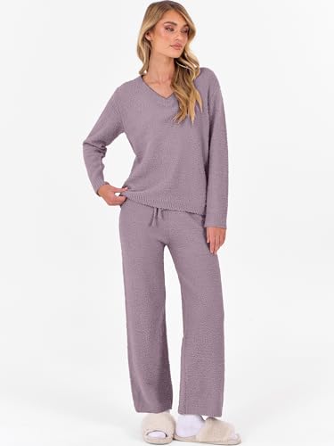 ANRABESS Womens Pajama Sets Fuzzy Fleece 2 Piece Long Sleeve Tops Wide Leg Pants Lounge Matching Pj Set 2025 Fall Outfits3