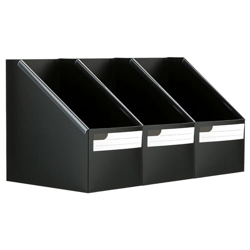 Marte Vanci Magazine File Holder Plastic Magazine Rack with Labels Foldable A4 Folder Holders Document Organiser for Desk Shelves Paper File Storage Organisation Black 3 Pack