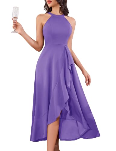 Image of Dressystar Womens 2026 Halter Slit Ruffle Wedding Guest Party Dress Elegant Maxi Long Sleeveless Formal Prom Cocktail Dresses
