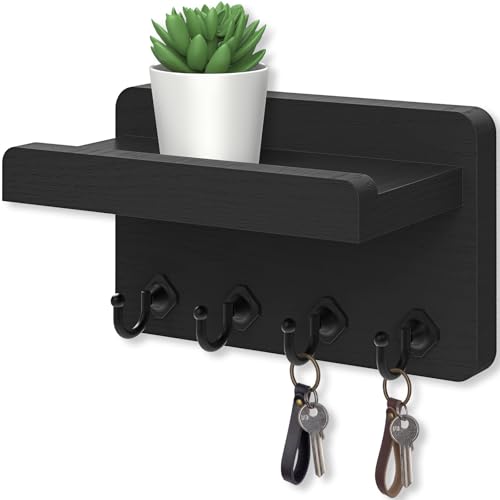 Nekon Key Holder Wall Mount, 8.5 Inch Small Home Decor Wooden Wall Organizer with 4 Hooks and Shelf, Key and Mail Holder for Living Room Entryway Kitchen (Black)