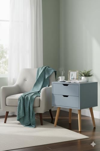 Image of Modern White Bedside Table with 2 Drawers & Wooden Legs | Compact Nightstand for Bedroom | Scandinavian Style Side Table with Storage for Home Living Room (Grey, 2 Drawer)