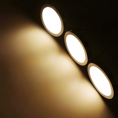 LightingWill LED Under Cabinet Puck Lights, LED Under Counter Lighting Kit, Dimmable Ultra Thin Closet Lights, DC 12V Warm White Kitchen Light with Smart Touch Dimmer &12W Power Adapter (3Pack)