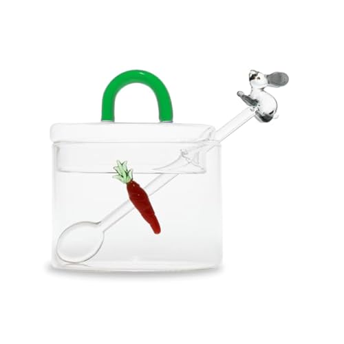 WD Lifestyle - Zuccheriera 300ml e Cucchiaino in Vetro Borosilicato con Decorazioni Colorate in Vetro (Coniglio e Carota)