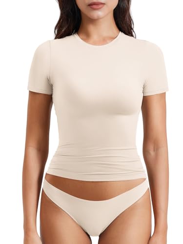 YEOREO Women Fitted Workout Tops Short Sleeve Double Lined Basic