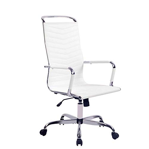 Elecwish,Adjustable Office Executive Swivel Chair, High Back Padded Tall Ribbed, Pu Leather, Wheels Arm Rest Computer Chair, Chrome Base, Home Furniture, Conference Room Reception (White)