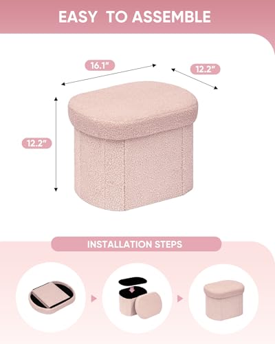 Image of B FSOBEIIALEO Storage Ottoman for Dorm Room, Boucle Folding Storage Ottoman Foot Rest, 16.14 Inches Small Collapsible Ottoman Cube for Living Room Pink