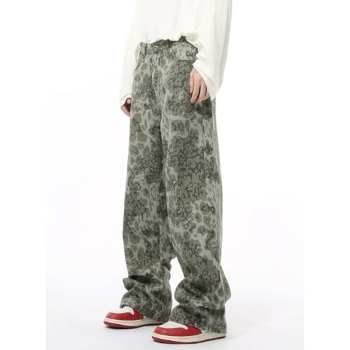 Mens Street Style Vintage Leopard Print Mid Rise Casual Zipper Baggy Y2k Long Jeans4