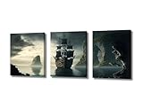 TUMOVO Canvas Wall Art for Bedroom Ghost Pirate Ship Wall Art for Living Room Fantasy Boat Wall Art Decor Landscape Modern Artwork for Home Walls Giclee Framed Ready to Hang 36' Wx16 H