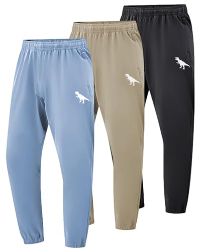 BINPAW 3 Pack Toddler Boys Active Pants Pull On Sweatpants Dinosaur Graphic Print Jogger Pants, Black/Blue/Khaki, 13-14Y = Tag 160