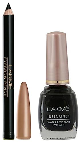 Image of LAKME Insta Eye Liner, Black, Water Resistant, Long-Lasting, 9 ml & Lakme Eyebrow Pencil, Black, 1.2g Matte Finish