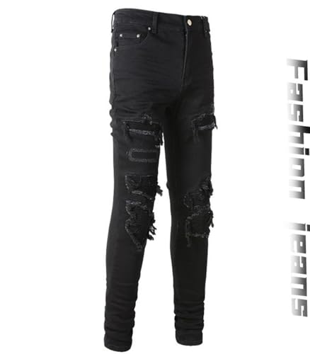 Jeans Pants Trouser Denim Trendy Street Patch Ripped Distressed Hole Retro Stretch Slim Fit Black Tight Casual Small Straight Leg for Men(Black,30)3