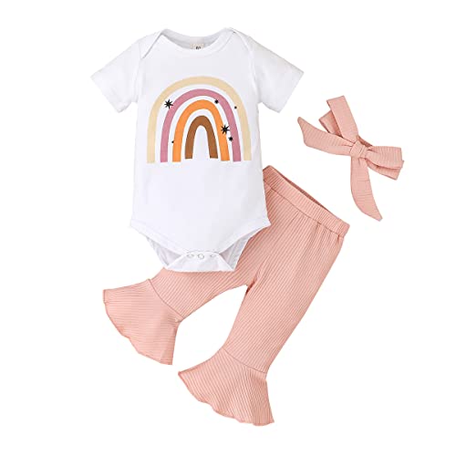 Image of Newborn Baby Girls Clothes Short Sleeve Rainbow Printed Romper Flared Long Pants Headband 3PCS Sets Infant Summer Clothes (6-9 Months) Pink