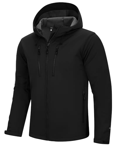 33,000ft Men's Waterproof Softshell Jackets Lightweight Fleece-Lined Running Jacket Breathable Windbreaker Casual Functional Coat with Hood for Cycling, Hiking,Golf