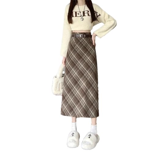 Women's Spring High-Waisted Slim-Fit Hip-Wrapping Plaid Midi A-Line Skirt