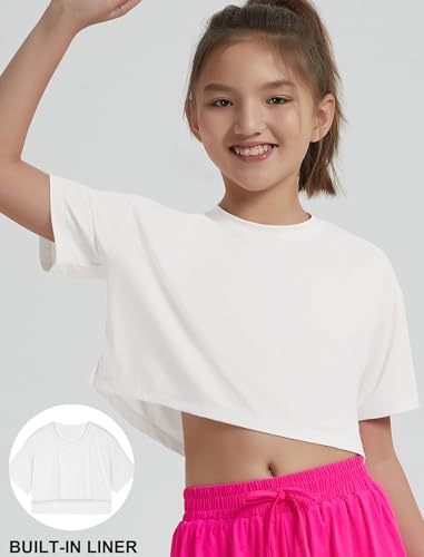 Image of EXARUS Girls Athletic Shirts Quick Dry Workout Split Back Crop Tops 6-14Y | Tween Athletic Sports Soccer Activewear Gym Running Dri Fit Teen Tennis Performance Hiking Short Sleeve Tees Kids 6-14Y