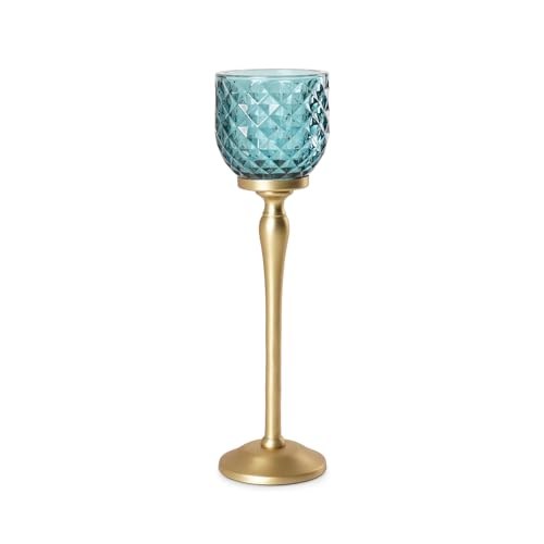 Image of Pure Home Teal Diamond Cut Hurricane - Large| Size: 9 x 9 x 24 cm| Premium Hurricanes for Home Decor| Living Room & Decor Showpiece| Ideal for Diwali & Festive Gifting| Pack of 1| Perfect for Living
