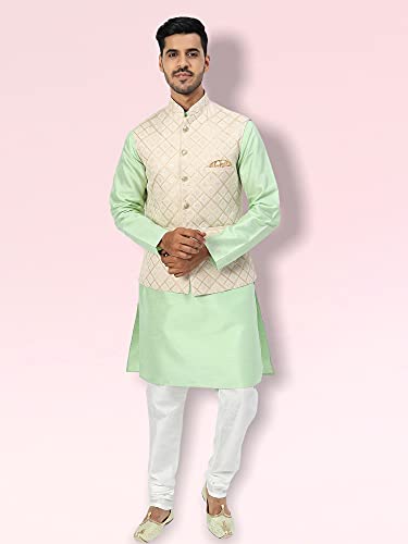 Image of Uri and MacKenzie Men's Silk Blend Regular Kurta Churidar Pyjama with Bundi Nehru Jacket /Waistcoat
