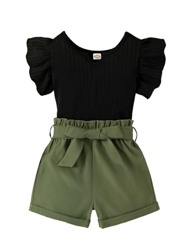 Image of Girls 2 Piece Outfits Summer Clothes Ruffle Short Sleeve Shirts Top and High Waist Shorts Set with Belt