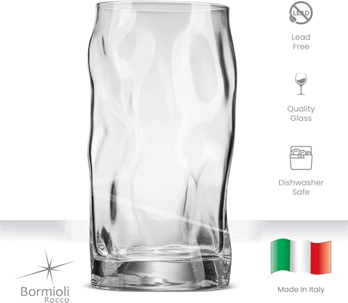 Bormioli Rocco SORGENTE Tall Drinking Glasses 15.5 Ounce Highball Glass (Set of 4) Mojito glass, Italian Made Bar Glasses, Glass Cups for Water, Juice, Beer, Drinks, Cocktails, Lead-Free Pint Glasses.
