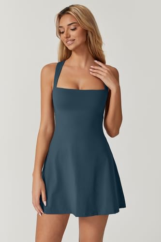 QINSEN Vestido feminino de gola quadrada, sem mangas, com shorts embutidos, para golfe, atlético, co