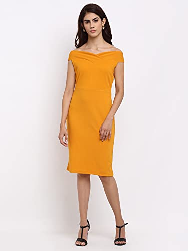 Image of Shasmi Women's Comfortable Mustard Sweetheart Neck Sleeveless Solid Midi Bodycon Casual Western Stylish Dress for Womens