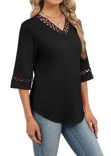 Image of WIHOLL Womens Tops Eyelet Lace V Neck 3 /4 Bell Sleeve Blouses Dressy Casual Work Shirt 2026 Summer Fall Fashion Clothing