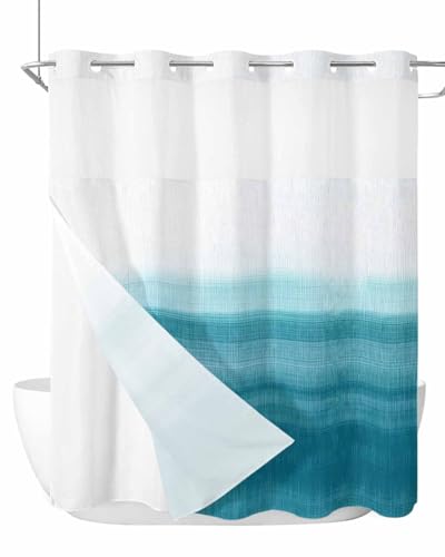 Turquoise White Ombre No Hook Shower Curtain with...