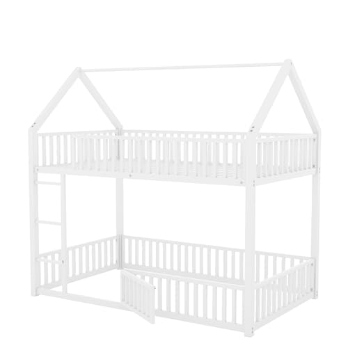 Image of Bellemave Metal Bunk beds Twin Over Twin, House Floor bunk Bed with guardrail and Door for Kids,White